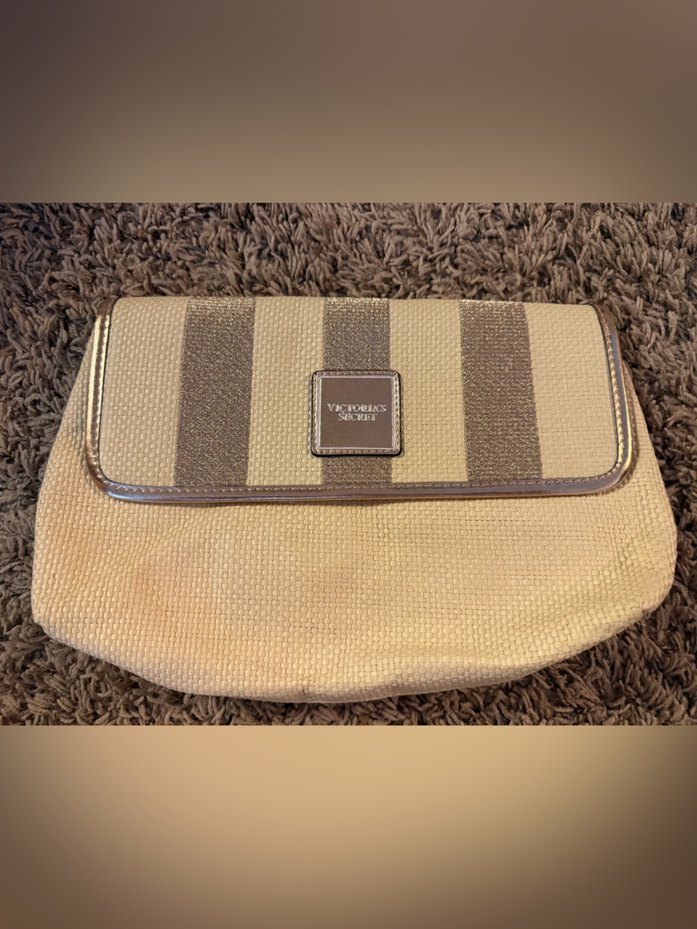 Victorias Secret-  Woven Clutch - Cream & Rose Gold glittered stripe